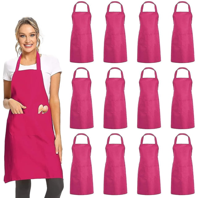 12 Pack Plain Bib Aprons With 2 Pockets - Pink Unisex Commercial Apron Bulk For Kitchen Cooking Niuniu