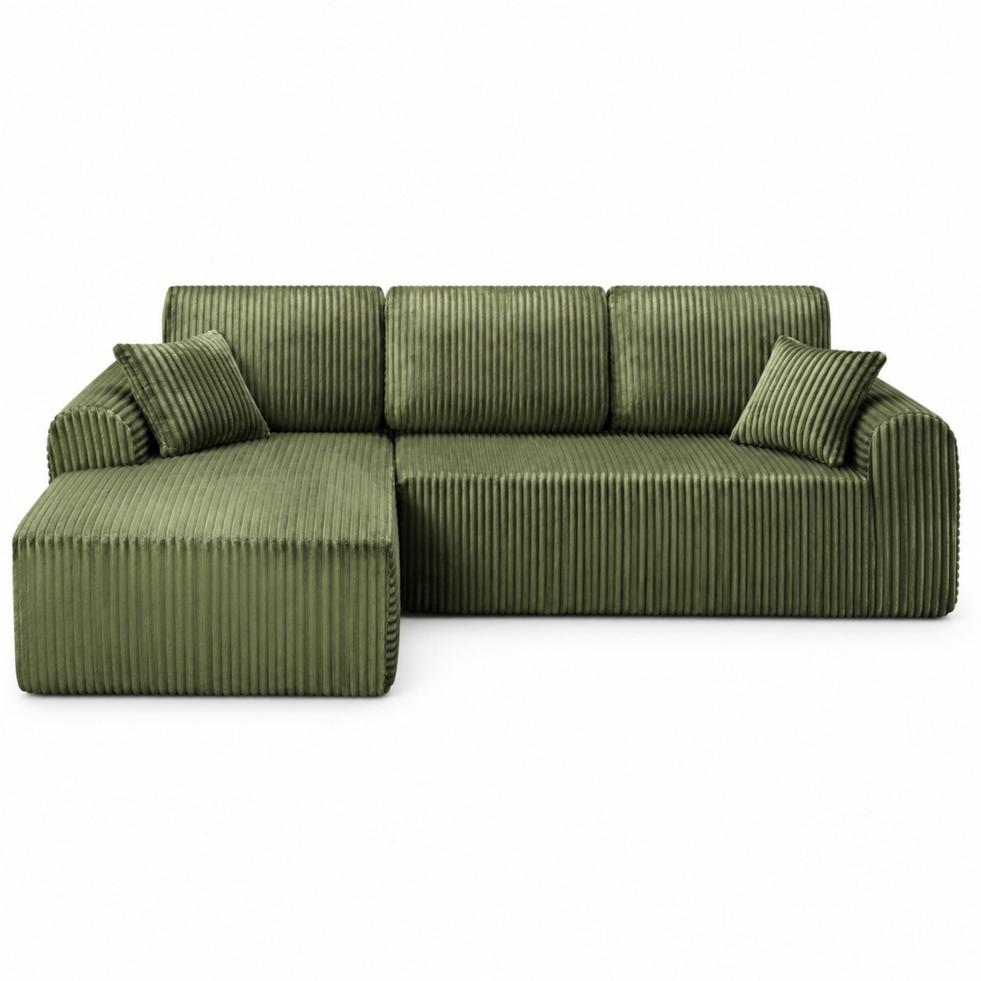 DEALTOPS 109" Corduroy L-Shape Floor Cloud Couch, Deep Seat Modular Sectional Sofa, Left Chaise, Green
