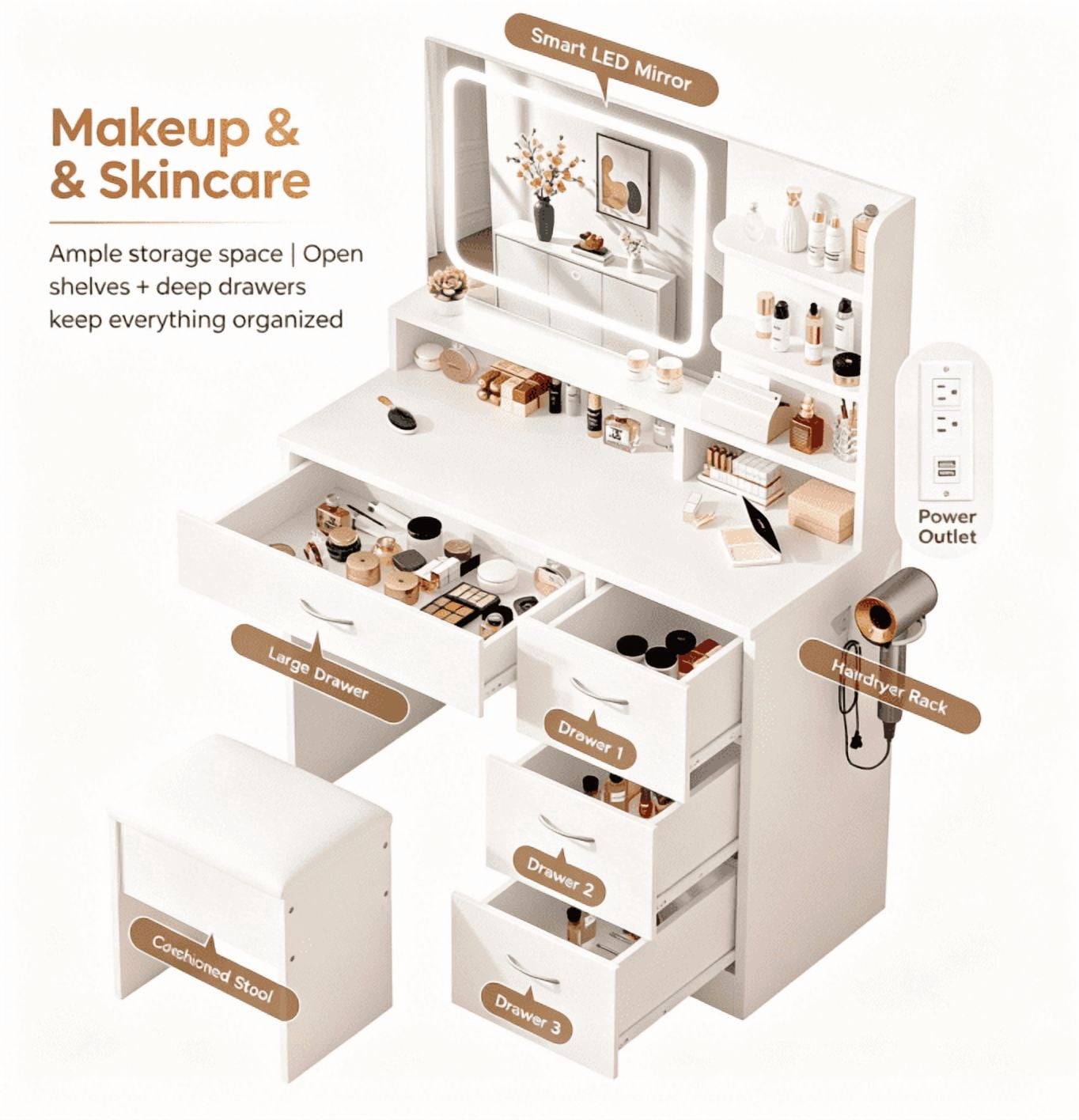 Elegant Vanity Includes Lighted Mirror And Storage Drawers; White Makeup Table For Women; Suitable For Various Settings Including Bedrooms, Living Rooms, And Dorms