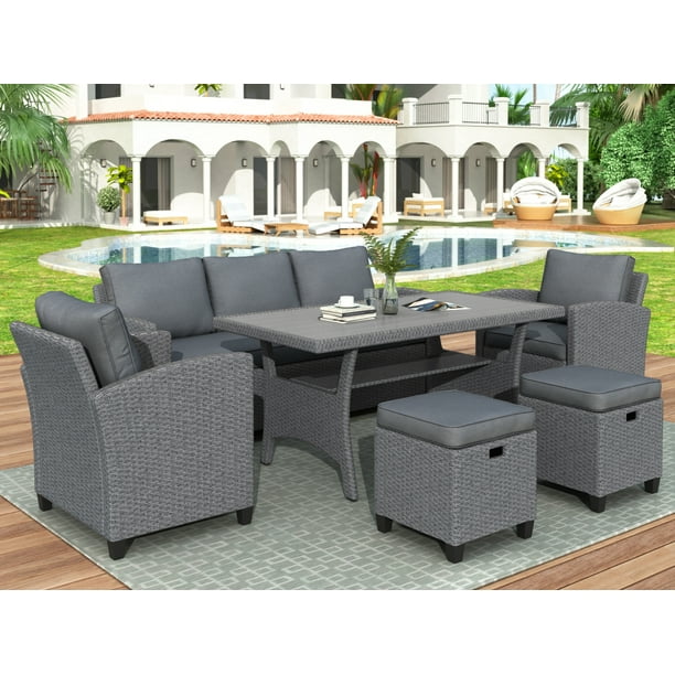 Btmway Rattan Wicker Patio Deck, Outdoor Dining Table Sets For 6
