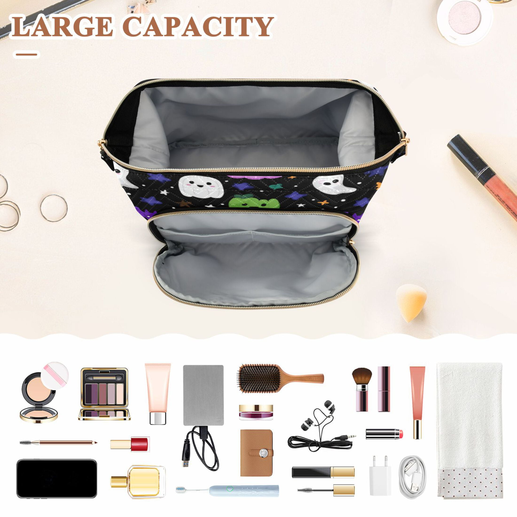 Wavy Quilted Cosmetic Bag Large-Capacity Travel Toiletry Organizer Includes 9-Piece Portable Travel Bottle Set Cartoon Ghosts Pumpkins