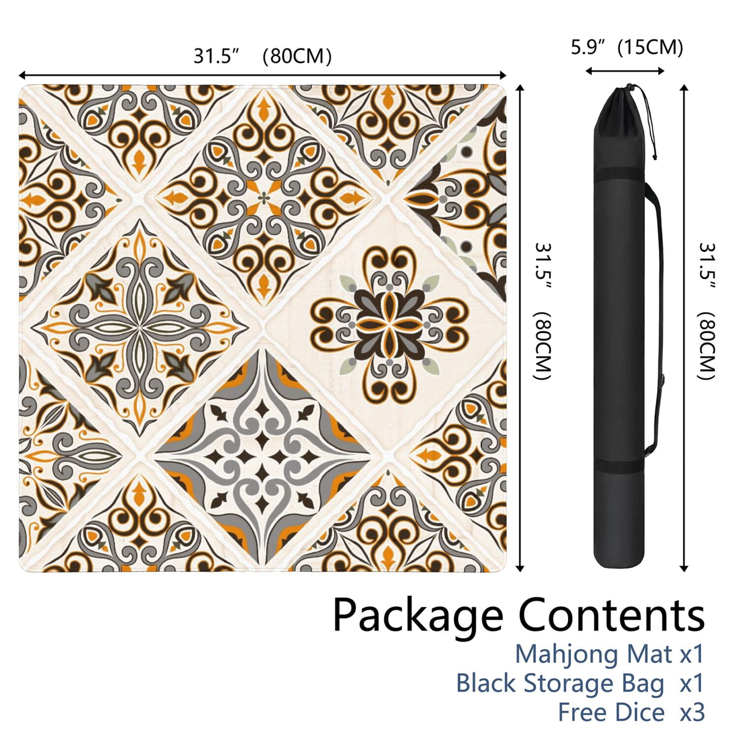 Boho Mahjong Mat for Table, 31.5*31.5in Anti Slip American Mahjong Table Cloth, Noise Reduction, Neoprene Mah jongg Mat with Carrying Bag & 3 Dices, Mahjong Accessories Gift for Board Tile Games Mats