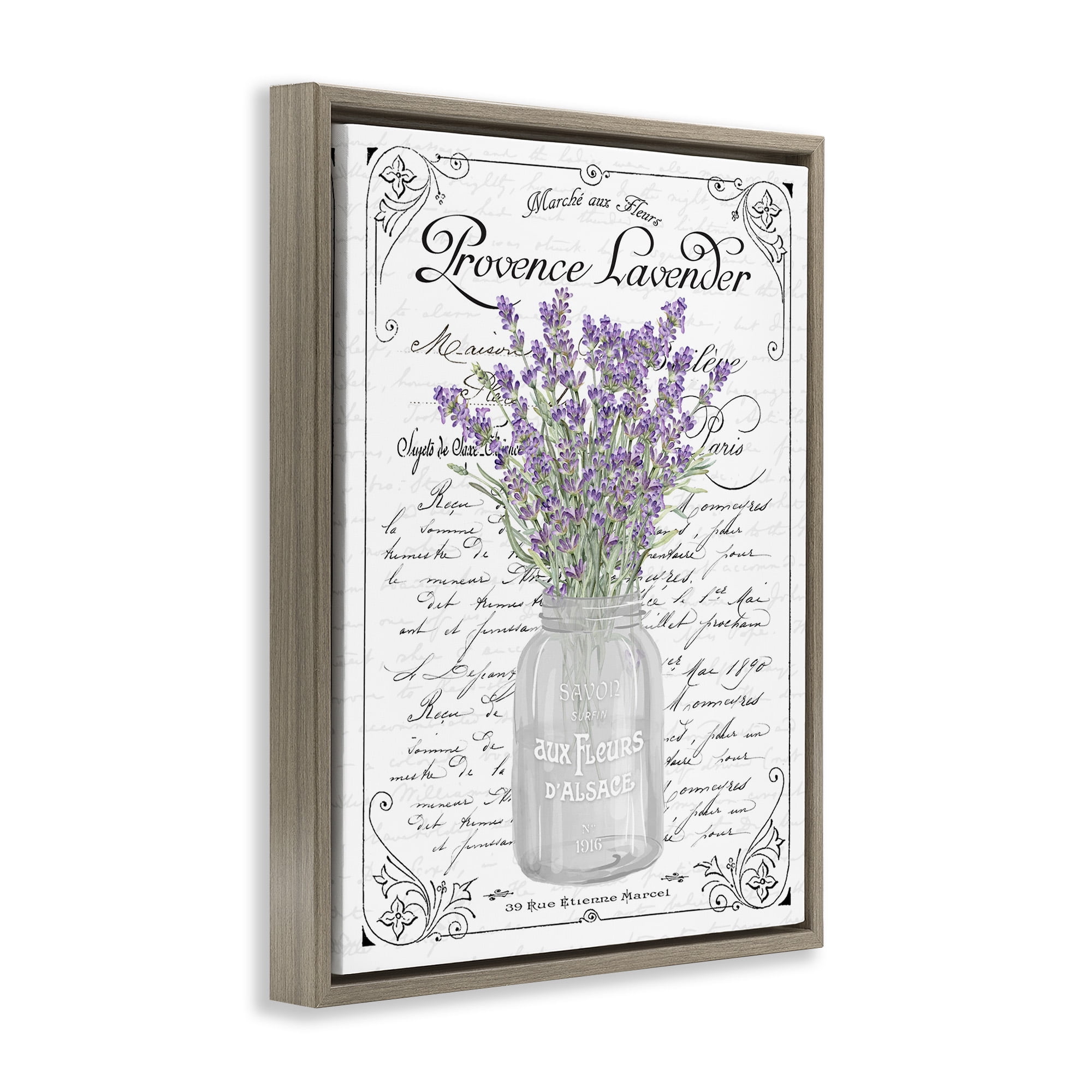 Stupell Industries Lavender Ornate French Script Botanical & Floral Painting Brown Floater Framed Canvas Art Print Wall Art, 17 x 21