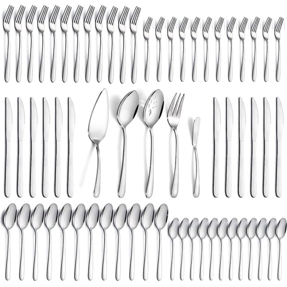 Mirdinner 65 Pcs Silverware Set with Serving Set for 12, Stainless Steel Flatware Cutlery Set Contains 5 Pcs Serving Set, for Home, Restaurant or Parties, Dishwasher Safe