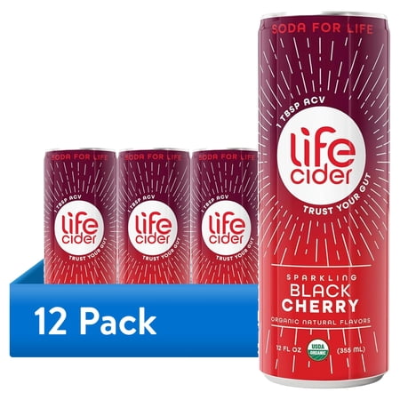 (12 pack) Life Cider Sparkling Apple Cider Vinegar Healthy Soda, Black Cherry, Gut Balance, 12 fl oz Aluminum Can