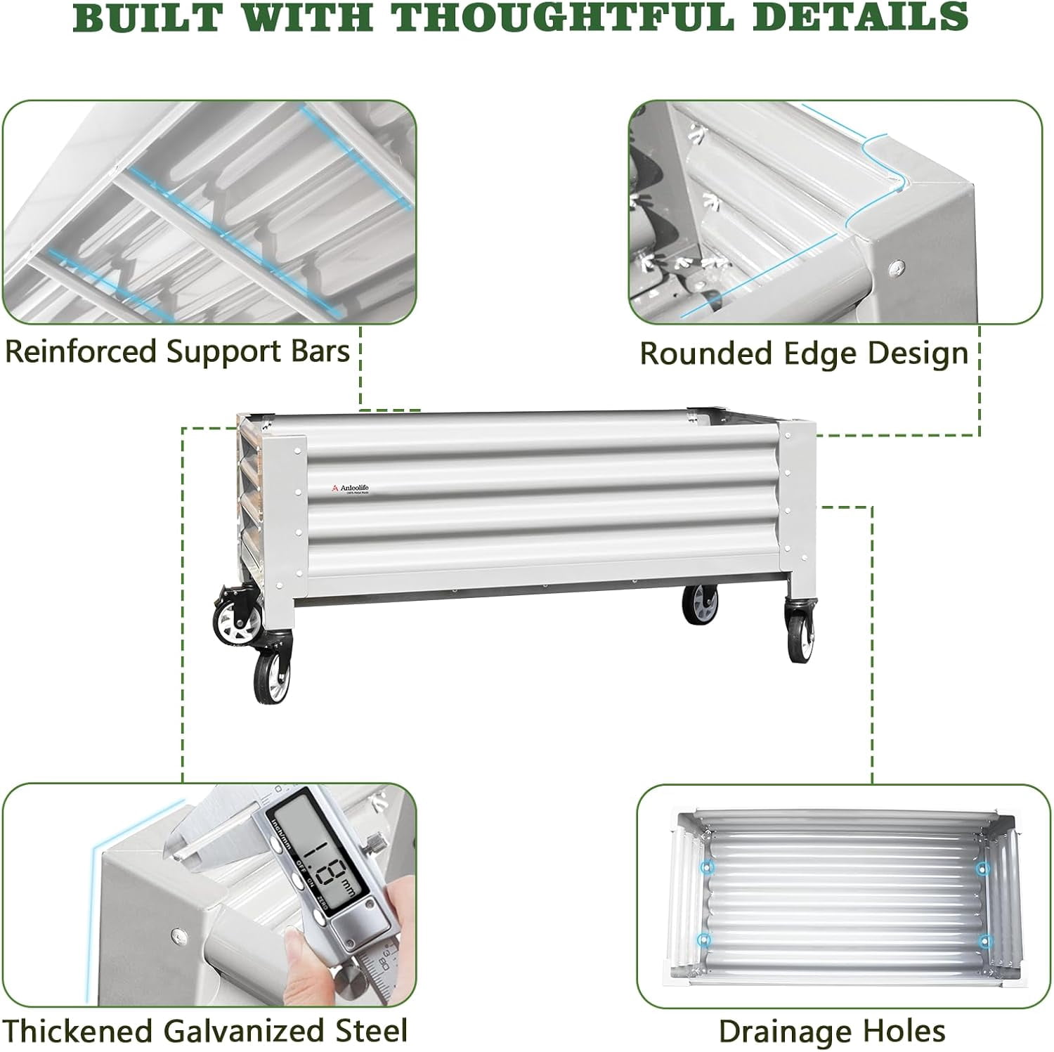 A ANLEOLIFE Low Profile Elevated Garden Bed 4ft x 2ft - 22in Raised Planter Box with Legs with Stainless Steel Caster, Extra Spacious for Gardening Vegetables Flowers, 600lb Capacity, Antique White