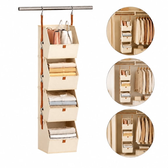 Hanging Closet Organizer 4 Tier, Foldable Fabric Hanging Shelves, Space-Saving Closet Storage Baskets, Collapsible Organizer for Bedroom, Dorm, RV, Beige