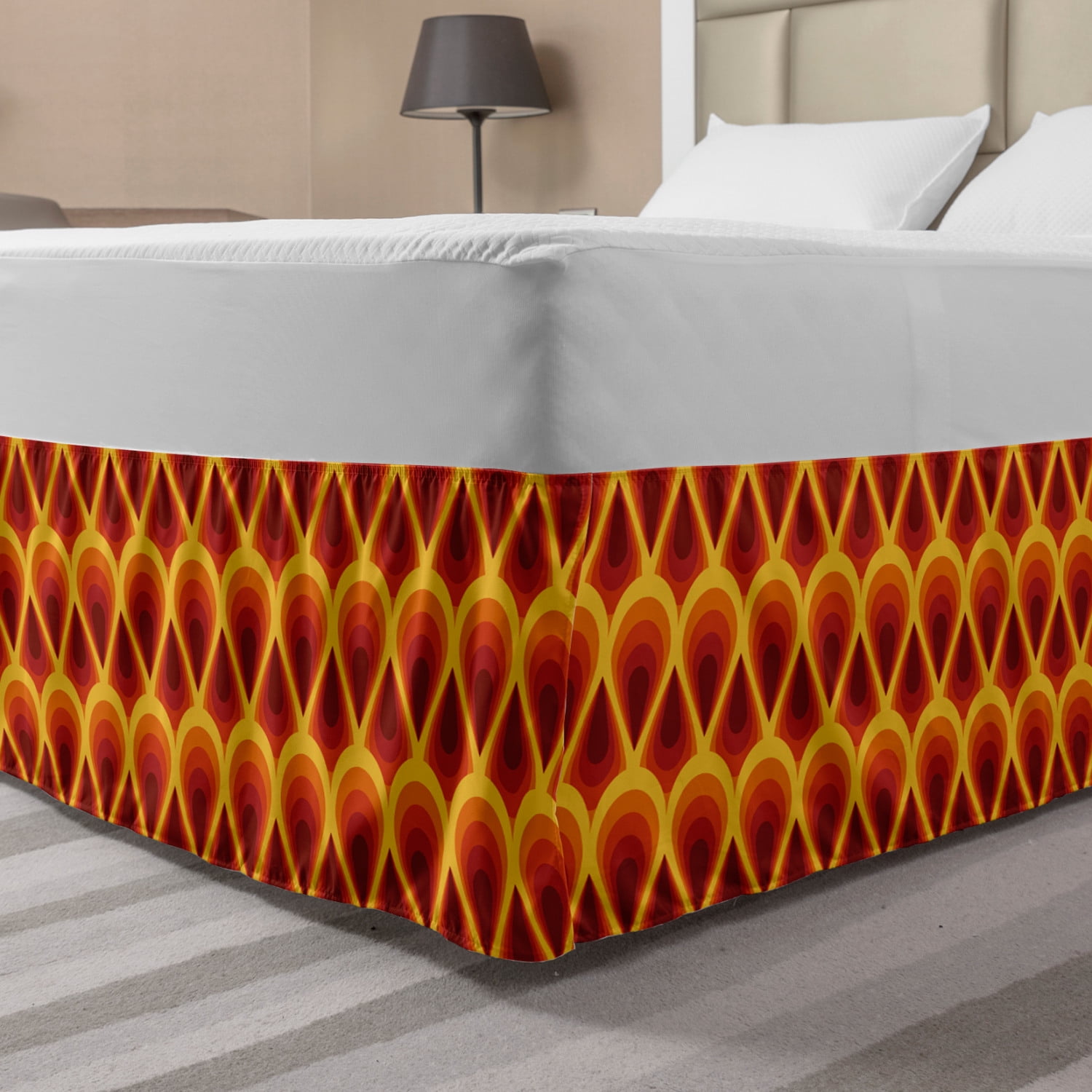 Vintage Bed Skirt, Symmetrically Aligned Drop Shapes Bauhaus Style Warm