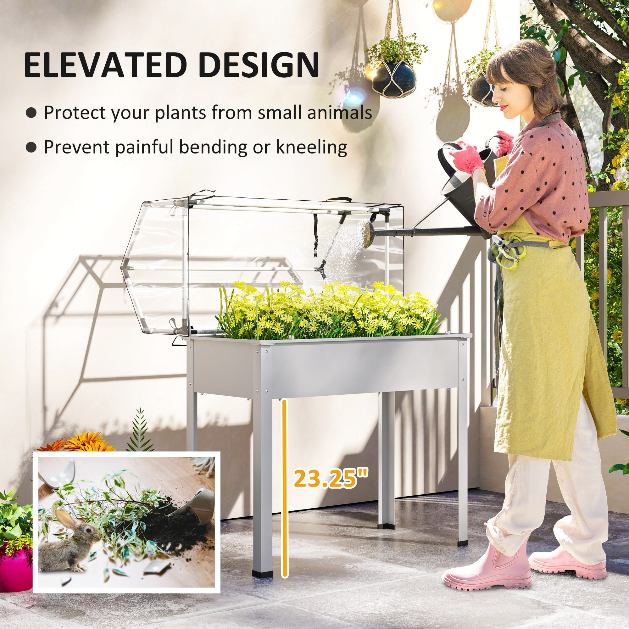 Outsunny Raised Garden Bed with Greenhouse Cover, Elevated Garden Box with Legs and Drainage Hole for Vegetables, White