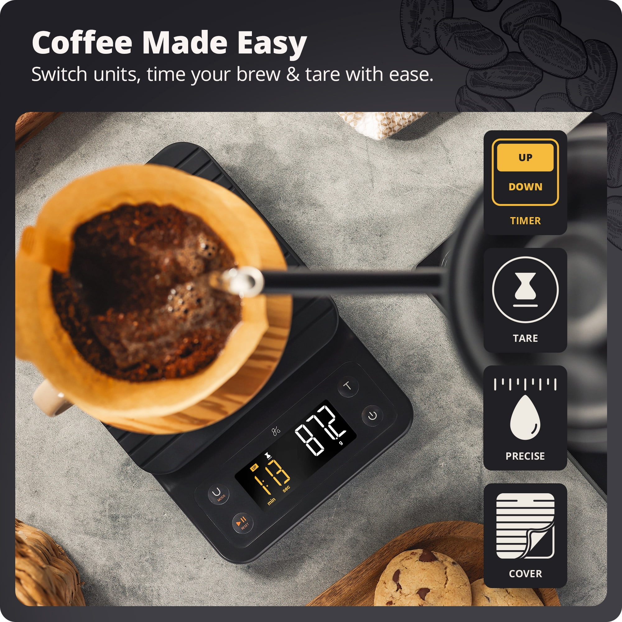 Greater Goods Coffee Scale with Timer, 0.1g Precision, 3kg Capacity, 6-Unit Digital Espresso & Pour-Over Scale, Silicone Waterproof Cover, Auto Shut-Off (Onyx Black)