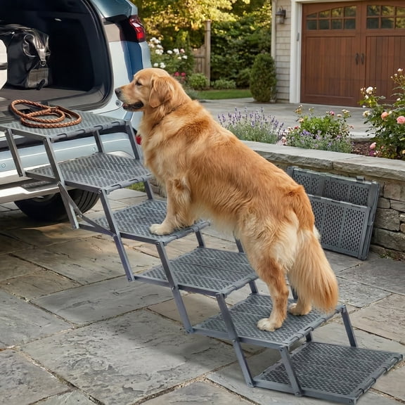 Asotewt 6-Step Foldable Anti-Slip Pet Car Stairs - Height-Adjustable for Cars/Trucks/SUVs, Metal Frame, Easy-Clean, Joint Protection