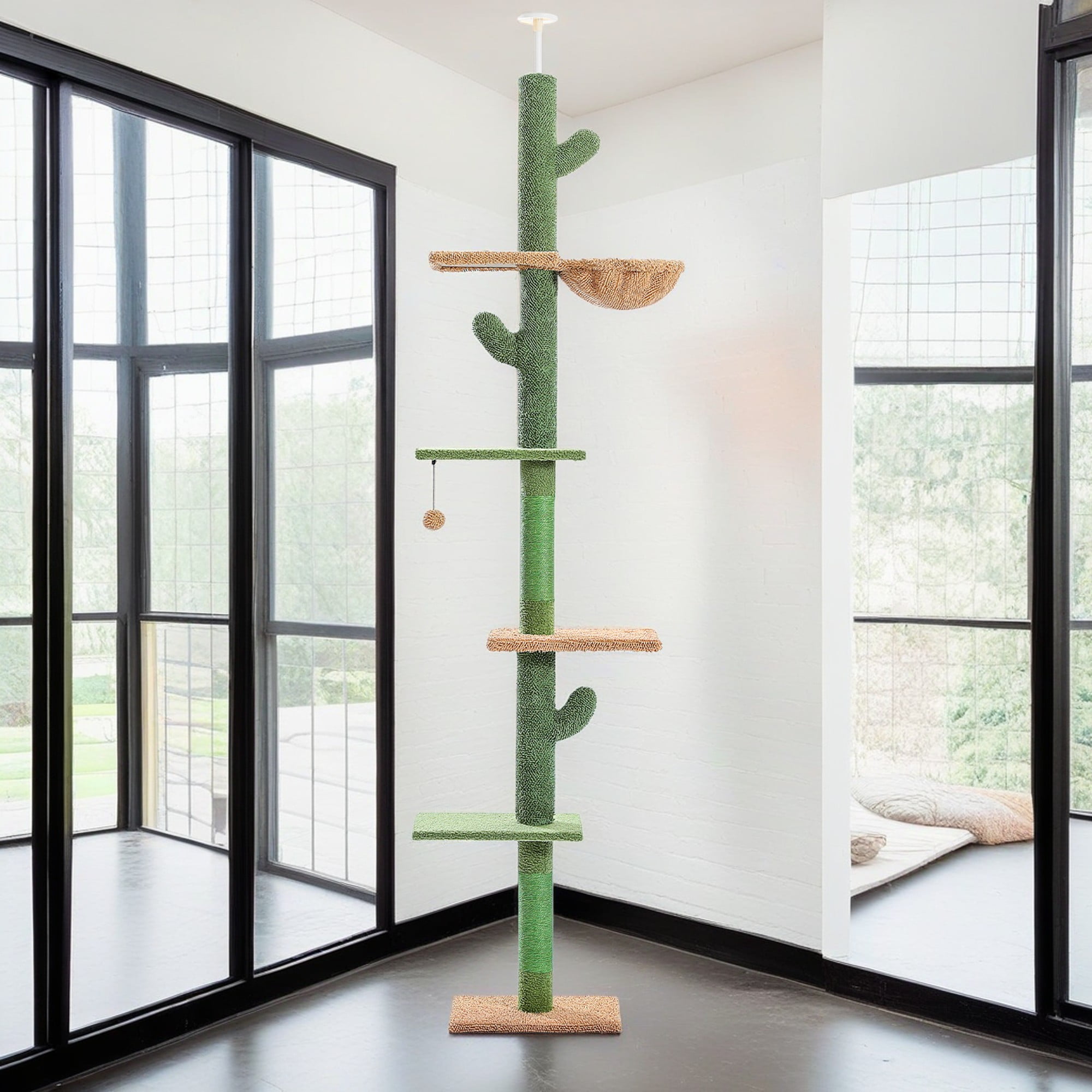 Kadyn Adjustable Height 95"-108" Cactus Cat Tree with Sisal Covered Scratching Post, Hammock, Floor to Ceiling Cat Tree Tower, Green