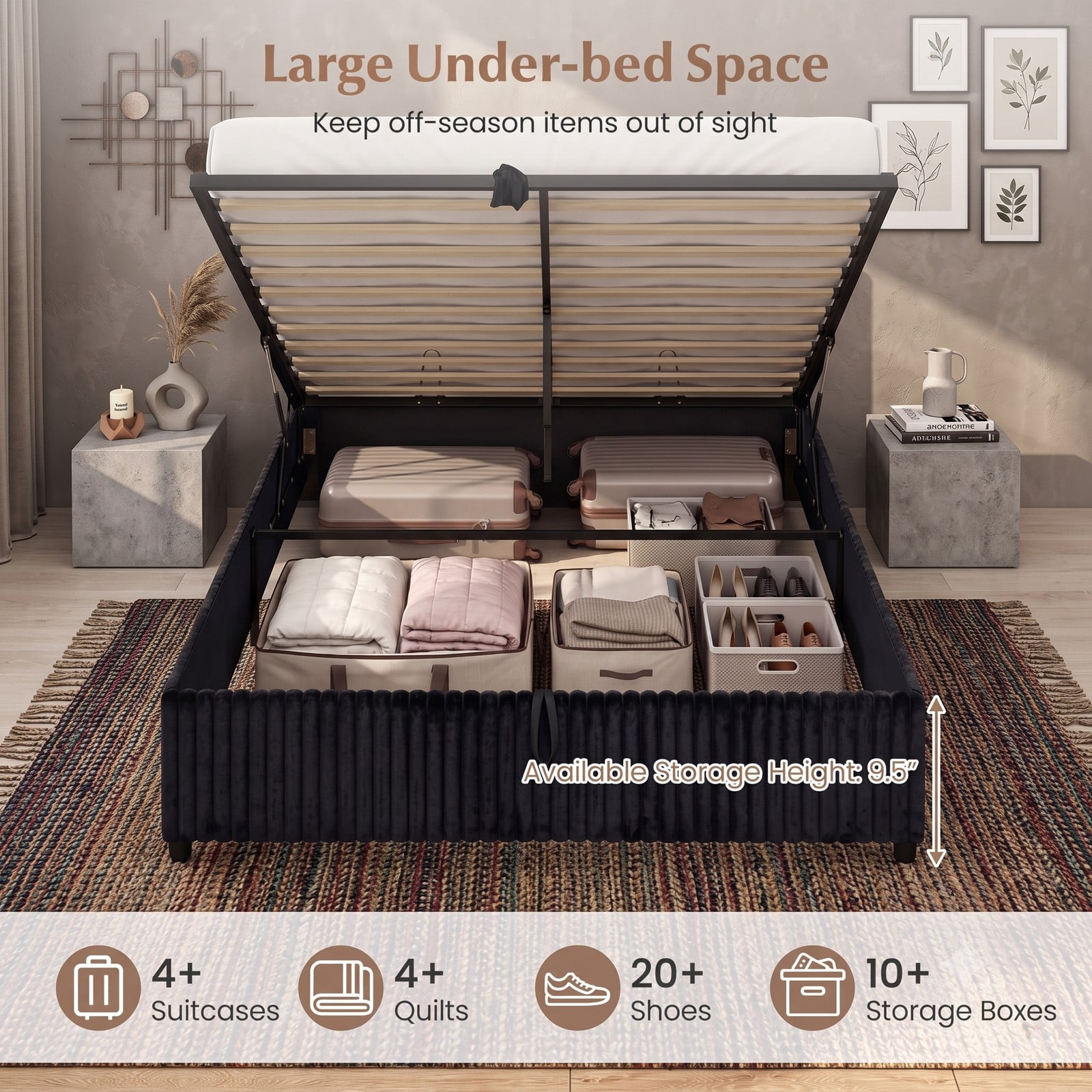 Furnibear Queen Size Lift Up Storage Bed Frame with Channel Tufted Upholstered Headboard, Platform Bed with Wooden Slat Support for Bedroom, Black