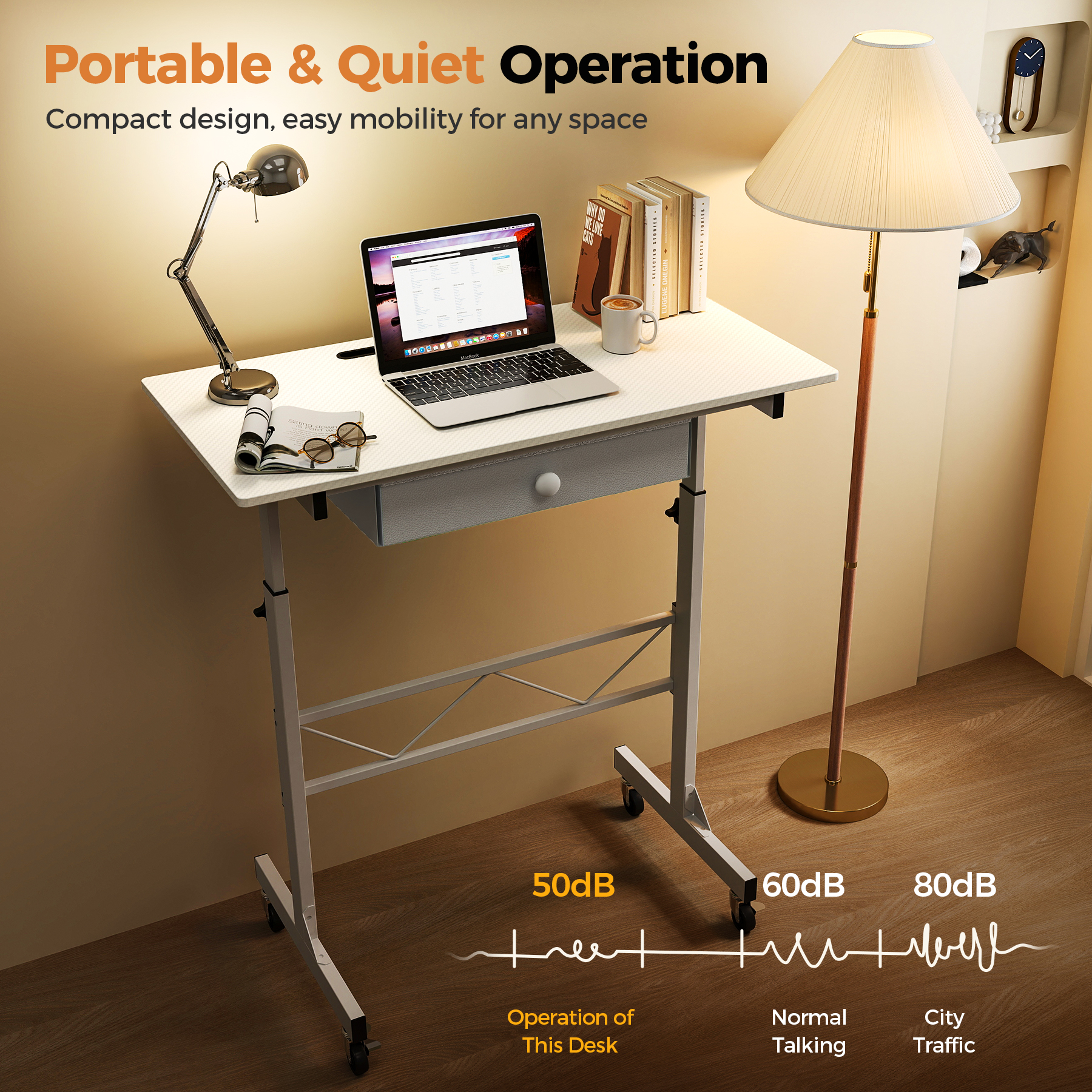 EXRACING Adjustable Standing Desk, 32" Portable Rolling Laptop Table with Wheels, Small Sit-Stand Computer Workstation，White