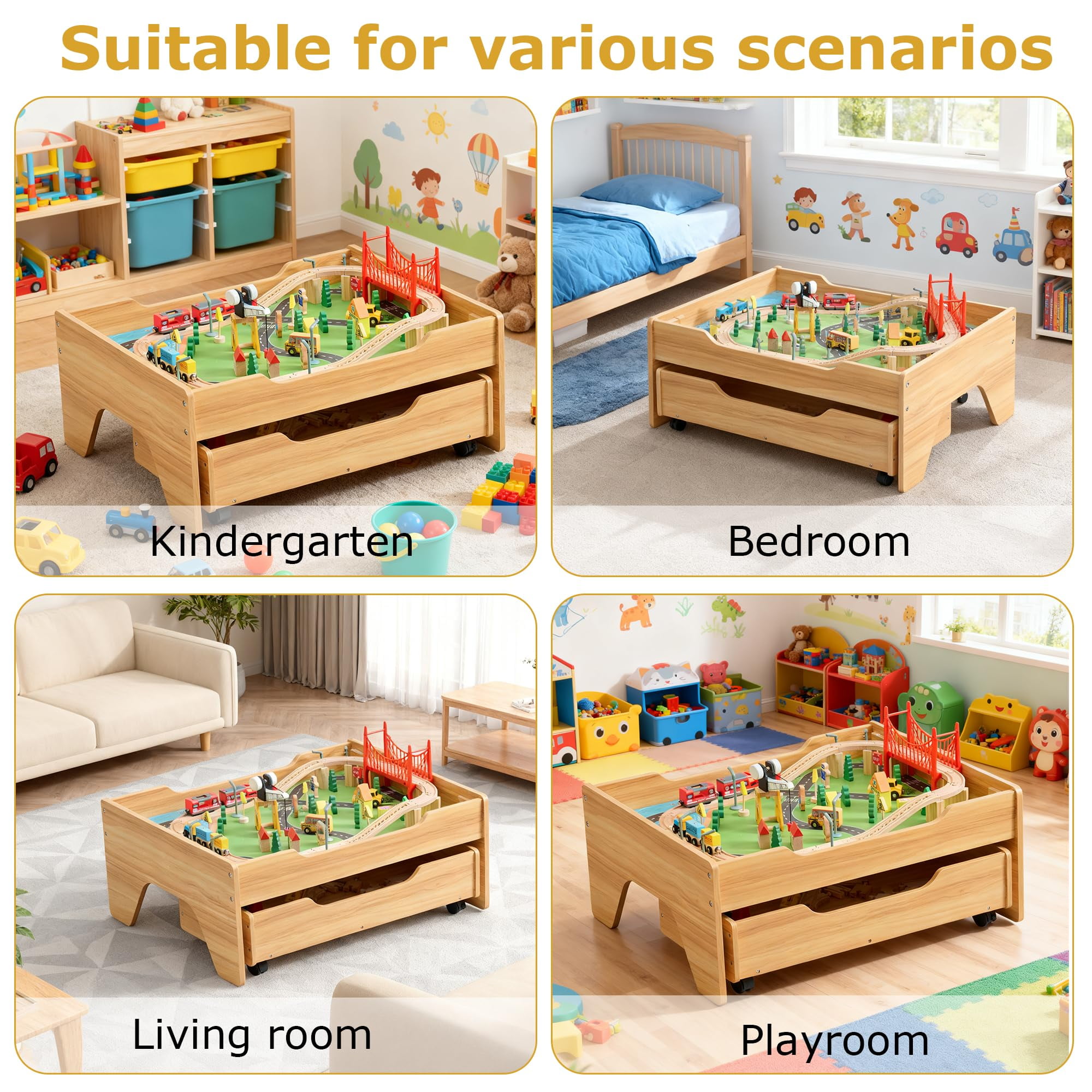 Train Table, 3-in-1 Wooden Kids Train Table with Storage Drawer, Rolling Kids Activity Table with Wheels, Toddler Train Track Table DIY Design for Gaming, Drawing, Building