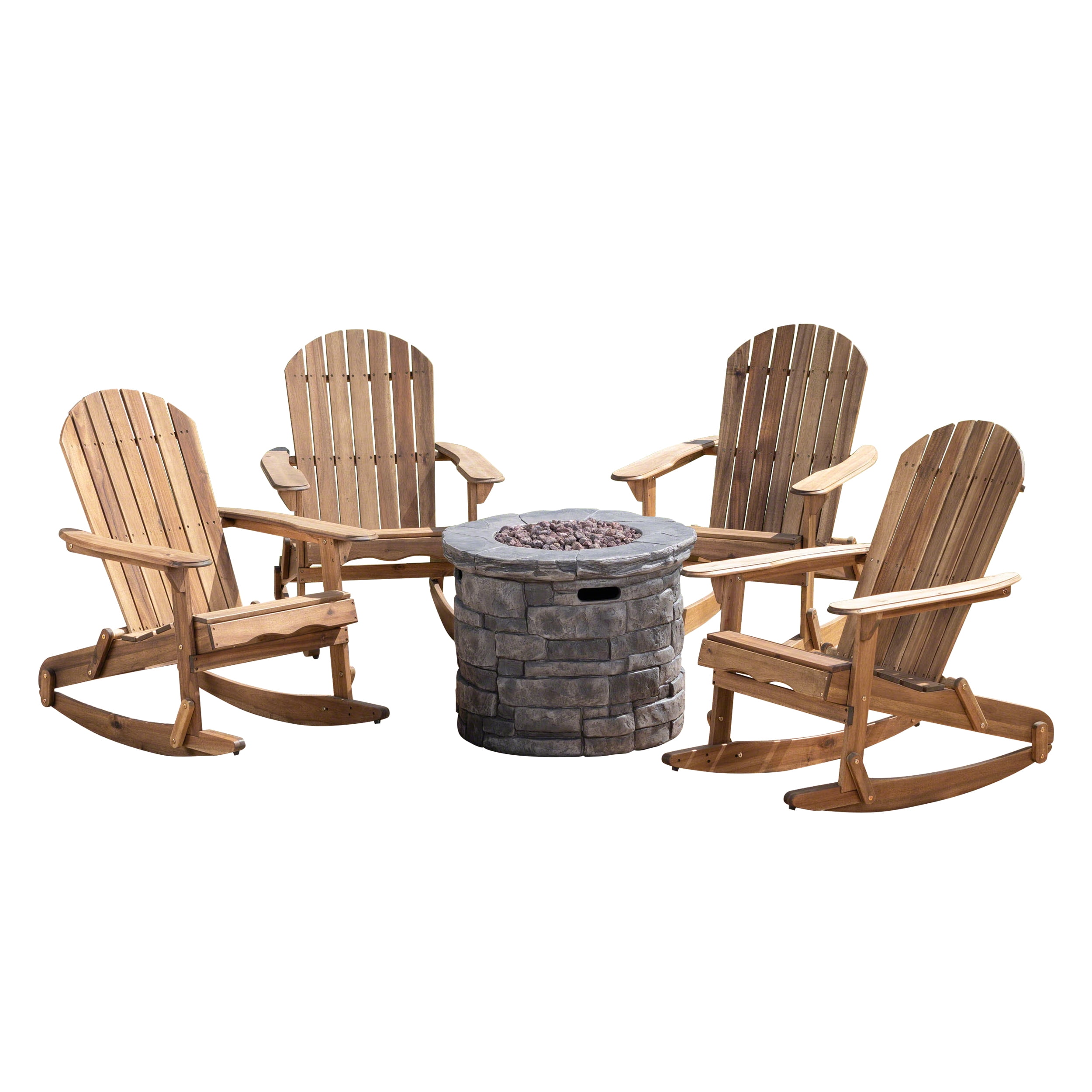 Royalty Outdoor 5 Piece Acacia Wood Adirondack Rocking Chair Set with Light Weight Concrete Fire Pit, Grey, Natural
