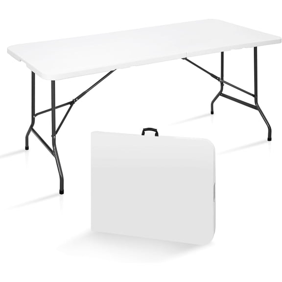 6FT Fold in Half Folding Table White Heavy Duty Plastic Table for Camping Picnic Party Dining Indoor Outdoor Use with Carrying Handle