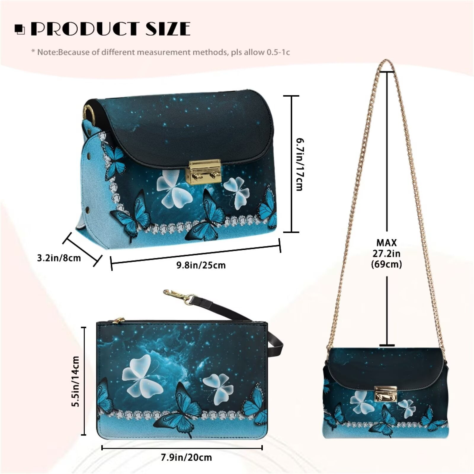 Pzuqiu Blue Butterfly Leather Crossbody Bag Versatile Minimalist Small Leather Crossbody Bags for Women Metal Chain Strap Vintage Casual for Teen Girls-Women