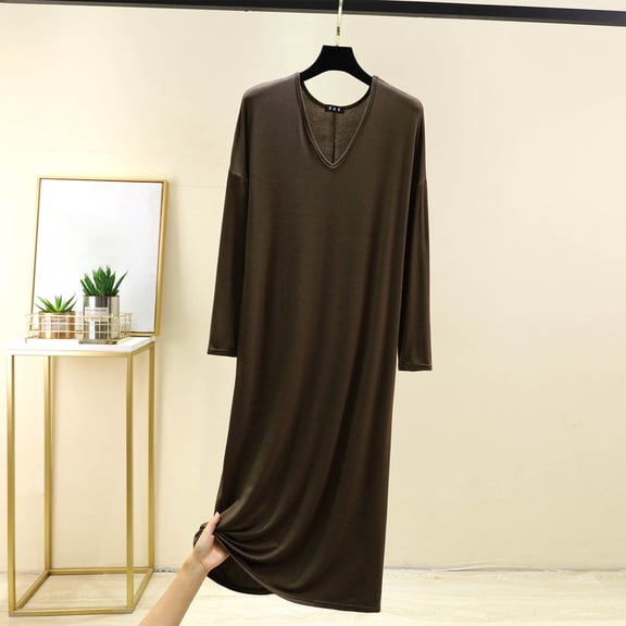 Modal Solid Color Long Sleep Dress - Women's V-Neck Long Sleeves Nightgown, Soft Home Furnishings for Lounge & Nighttime Wear Army Green 4XL