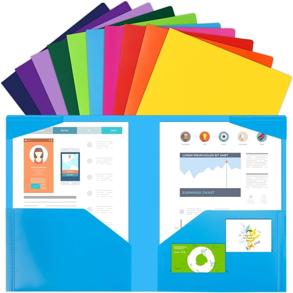 100pcs Plastic Folders with Pockets, Heavy Duty Pocket Folders with 4 Pockets for Office and School, Letter Size, 10 Assorted Colors