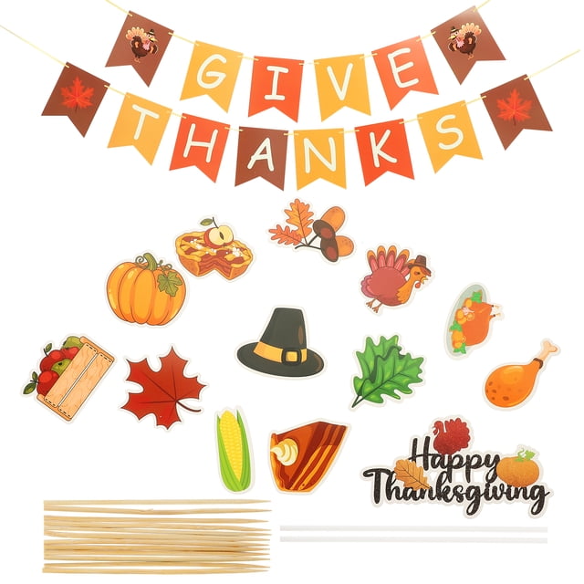 1 Set of Delicate Cake Decors Thanksgiving Theme Cupcake Decors Cartoon Cake Picks Party Banner