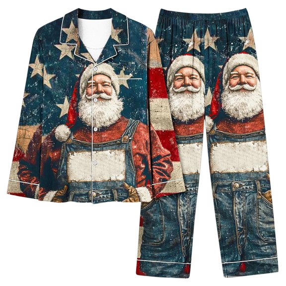 Dreluolixuan Cute Christmas Pajamas for Women Long Sleeve CollarButton Down Soft Top Wide Leg Elastic Waist Pants Santa Claus His and Hers Nightwear with Pocket