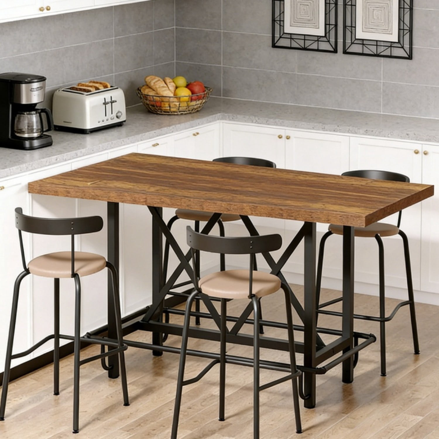Dining Table, 63" Industrial Kitchen Table with Metal Legs, Seats 6