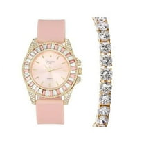 Women's Baguette Cut Iced Out Diamond Watch - Drop it Down with This Bling'ed Out Crystal Tennis Bracelet on Your Wrist Ladies! - ST10372MLA-TB (ST10372SLA Rubber Gold Blush/Blush- TB)