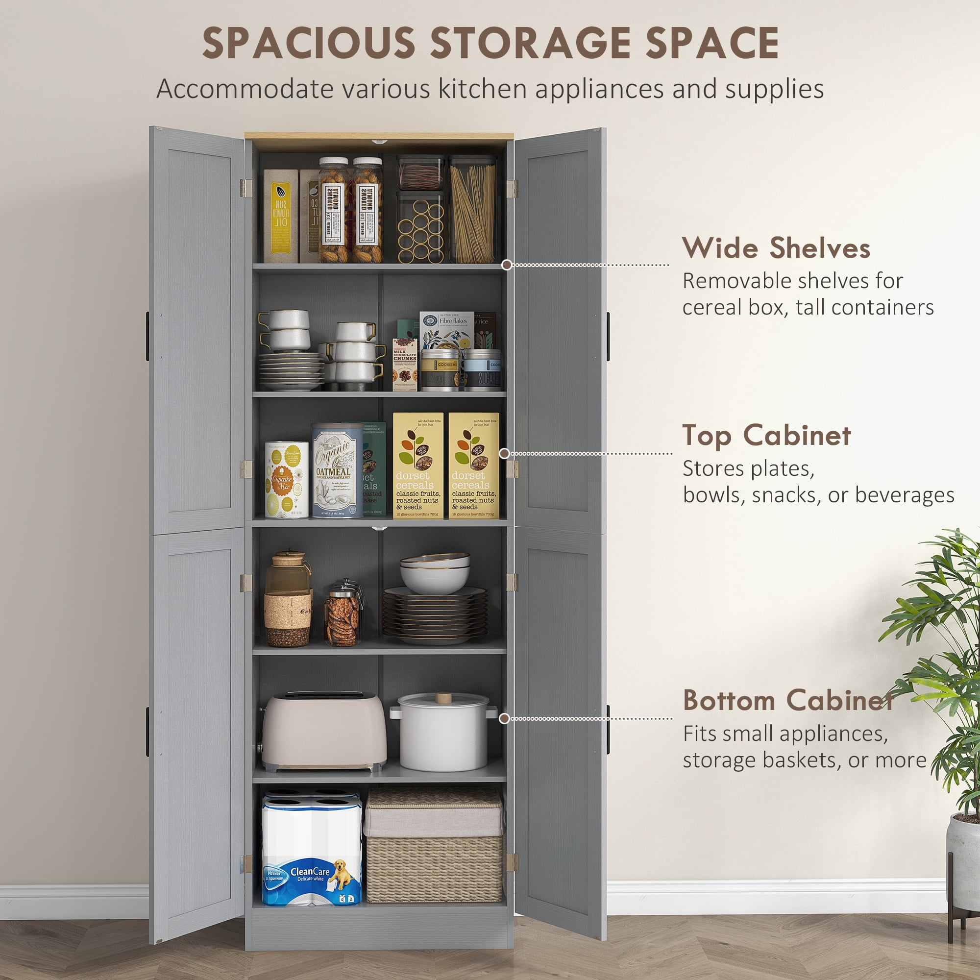HOMCOM 67" Freestanding Kitchen Pantry, 4-Door Storage Cabinet Organizer with Adjustable Shelves and Doors, Distressed Gray