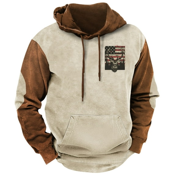 ZCFZJW Cowboy Hoodie for Men Western USA Flag Pattern Print Drawstring Hooded Sweatshirt Country Graphic Print Oversized Pullover Shirts with Pocket Beige XXXL