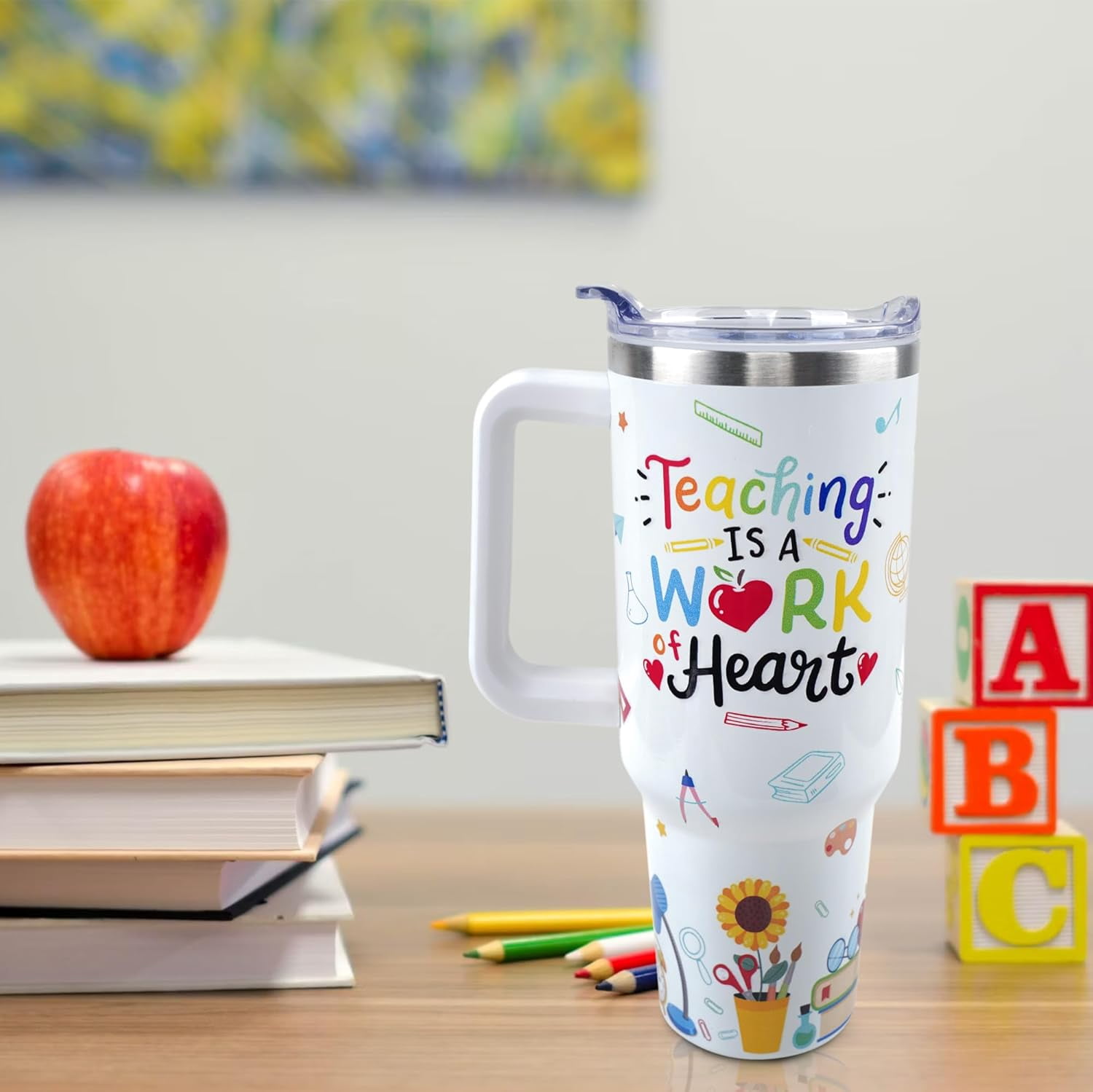 Teacher Tumbler 40 oz Tumbler with Handle and Straw Lid Leak Proof - Best Teacher Ever Coffee Mug Insulated for Hot Cold Iced Drink - Teacher Gifts for Women Birthday Appreciation Cup