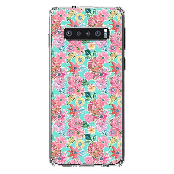 DistinctInk Clear Shockproof Hybrid Case for Samsung Galaxy S10  PLUS(6.4" Screen) - TPU Bumper, Acrylic Back, Tempered Glass Screen Protector - Preppy Pattern - Pink Flowers on Teal Background