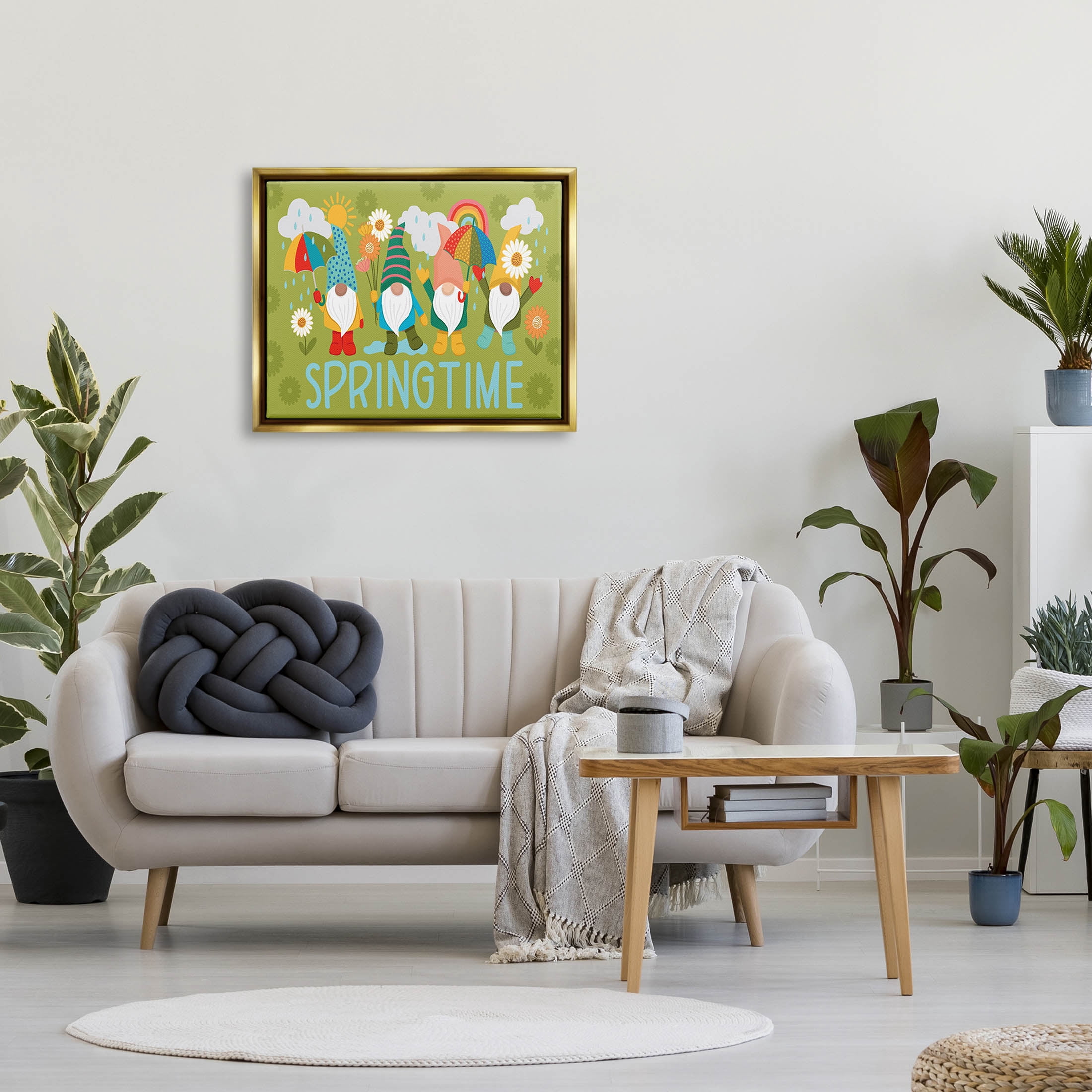 Springtime Rainy Garden Gnomes Holiday Graphic Art Metallic Gold Framed Art Print Wall Art