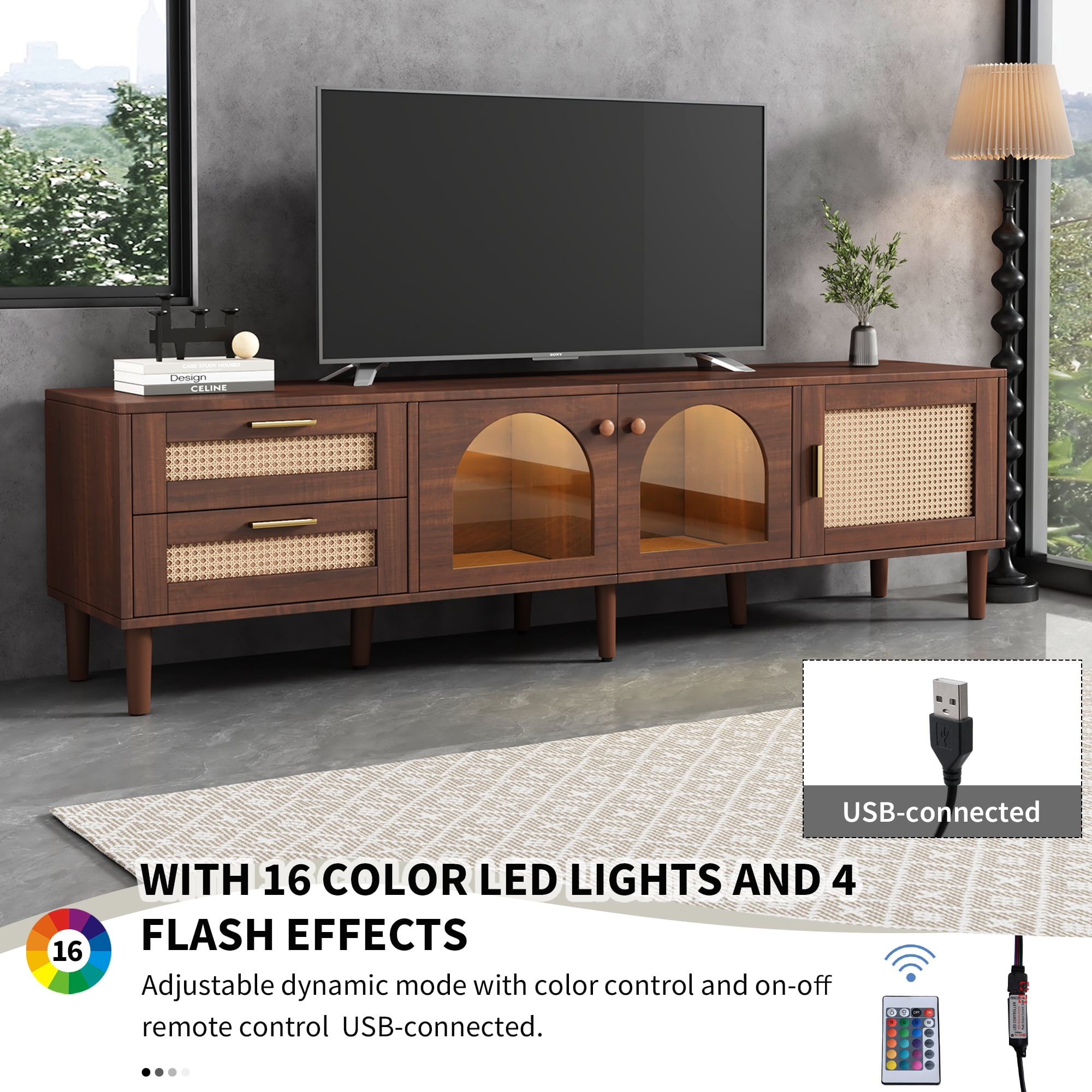 Harper & Bright Designs Rattan TV Stand with LED Light for 80 inch TV, Wood TV Storage Cabinet with Glass Doors and 2 Drawer, Media Console with Solid Wood Legs for Living Room, Dark Brown