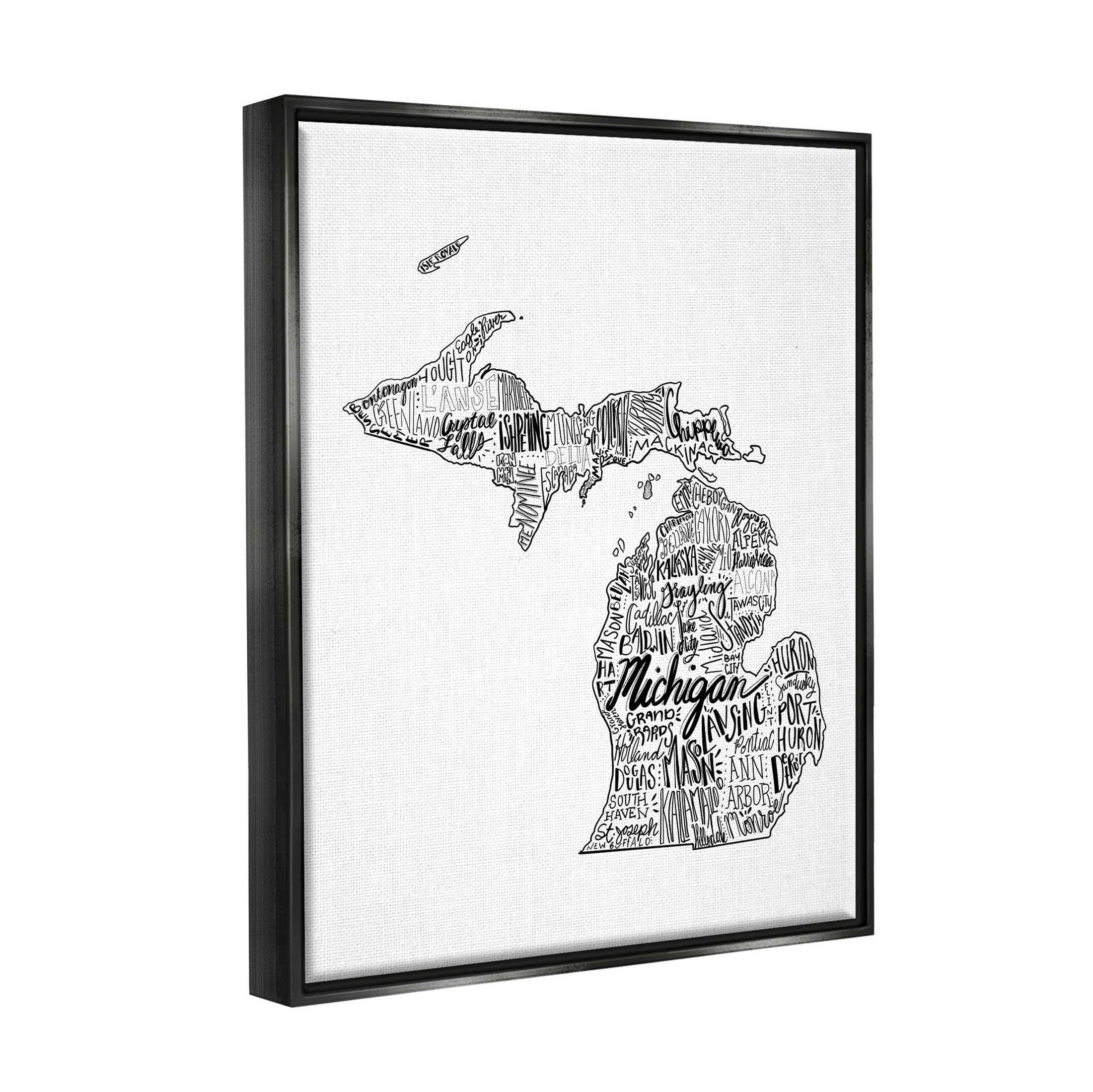 Stupell Industries Michigan State Typography Cities Map Graphic Art Jet Black Floating Framed Canvas Print Wall Art, Design by The Saturday Evening Post