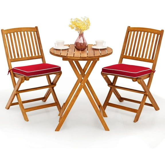 AEGFKD 3Pcs Patio Bistro Set, Wood Folding Table Set, 2 Cushioned Chairs for Garden Yard, Outdoor Furniture Round Table, Natural & Red