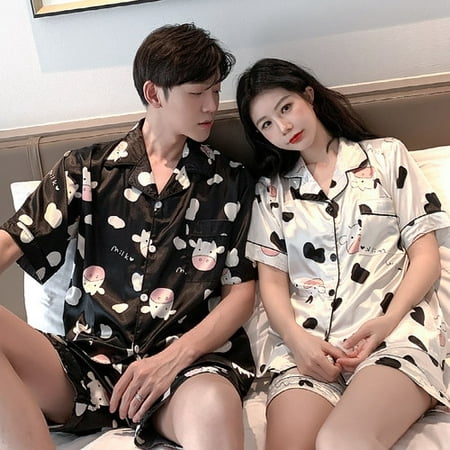 

DanceeMangoo Young Lover Pajamas Fake Silk Women Short Sleeve Summer Man Pyjama Loose Men Couple Pijama Set Soft Sleepwear Shirt