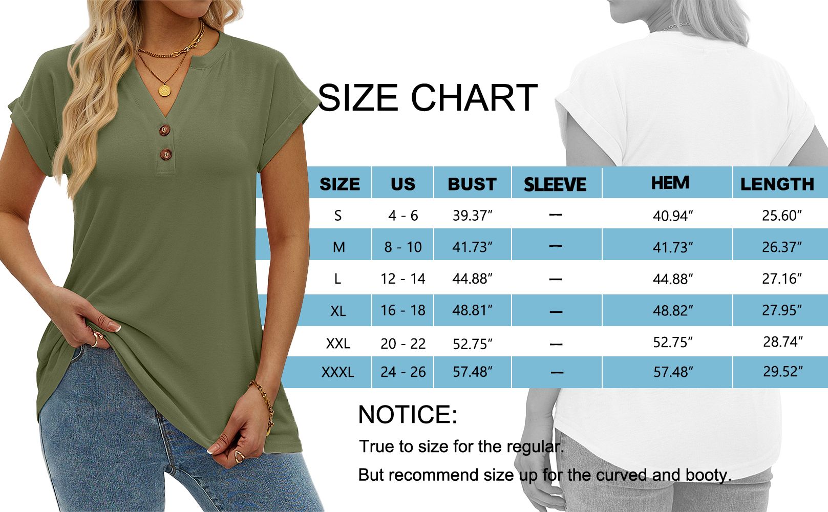MOSHU Women's Henley T-Shirt, V-Neck, Green photo 5