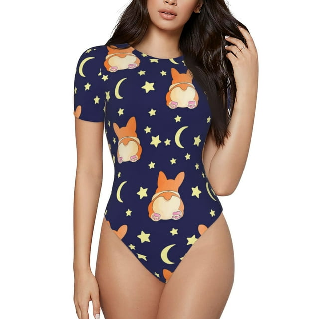 Fotbe Corgi Lying With Moons And Stars Body de Mujer con Cuello Redondo y Mangas Cortas, Sin Mangas Ajustado, Suave, Cómodo y Básico-Large