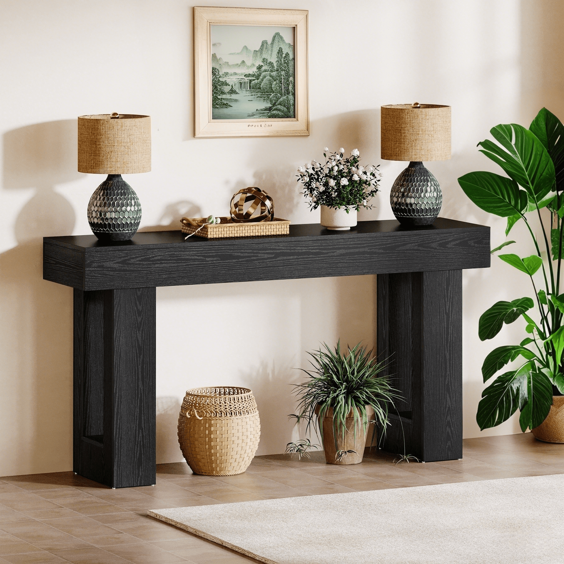 Tribesigns 63-Inch Long Console Table, Farmhouse Entryway Table for Entrance, Hallway, Living Room（Black)