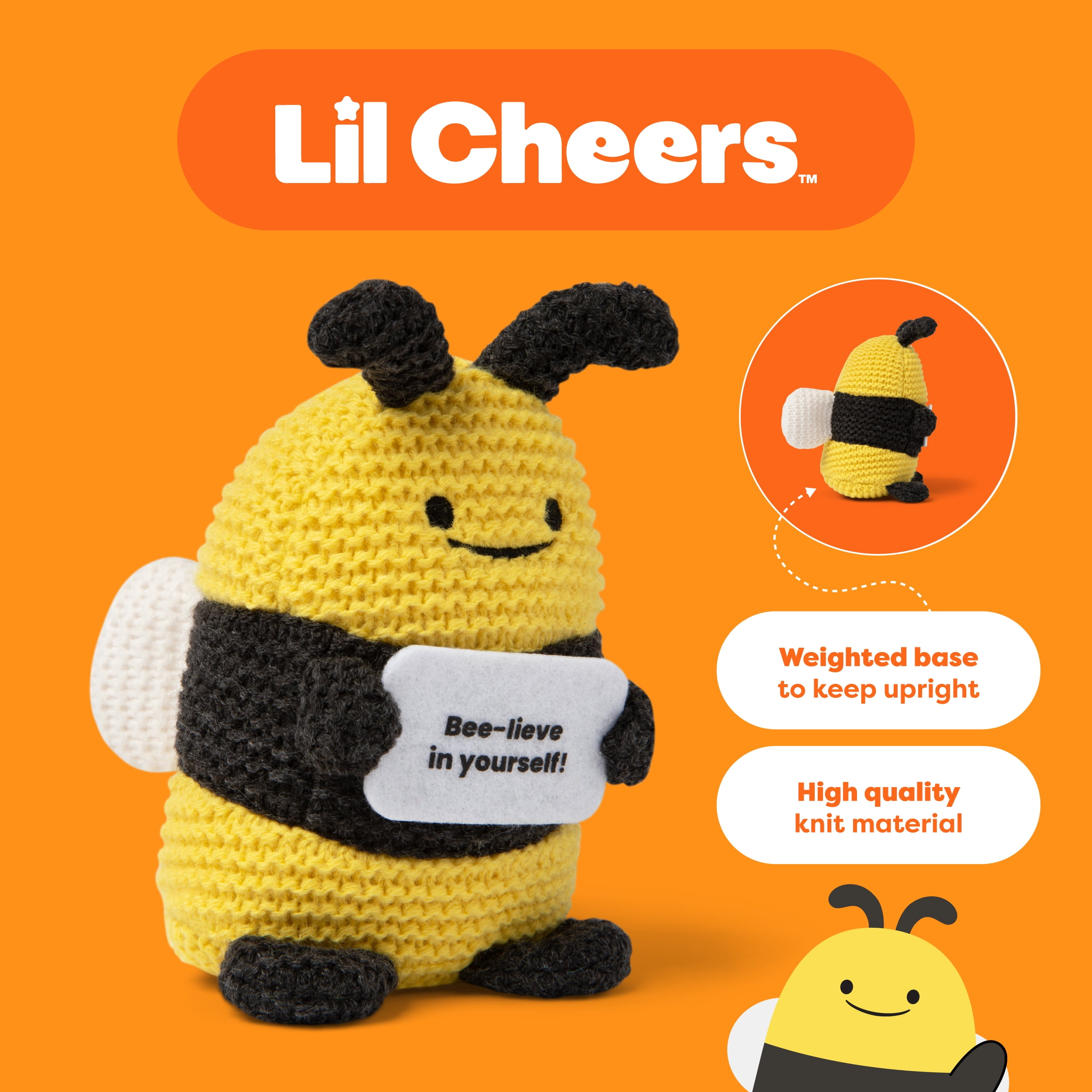 Lil Cheers Bee by What Do You Meme? Easter Gifts for Kids, Crochet Plush with Motivational Sign, Classroom & Office Desk Accessories
