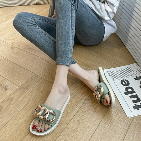 

Womens Shoe Flat Braided & Rhinestone Comfortable Slingback Sandal women s gold chain simple slippers a208