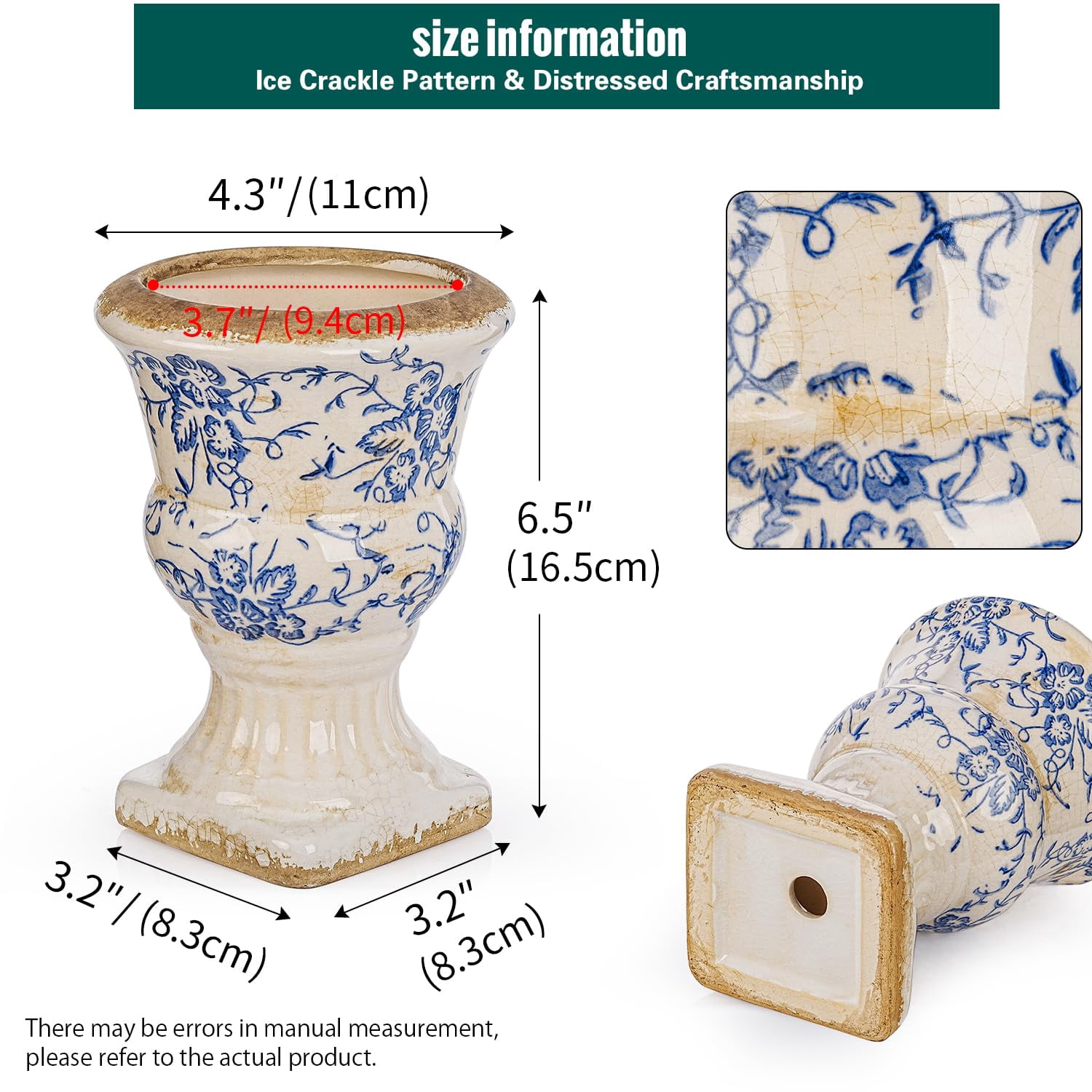 Sungmor Small Ceramic Urn Planter - Blue and White Floral Pedestal Flower Pot, Decorative Vintage Chinoiserie Style Planters, Tuscan Accent Vase Indoor Outdoor Plant Holder with Drainage