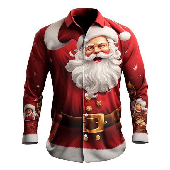 Men's Shirts Christmas Santa Pajama Short Body Suit Men 3D Printed Long Sleeve down Short Male Rompers Men Button-Up Top for Festive Male Bodysuit Short Shirt Occasions and Casual Wear