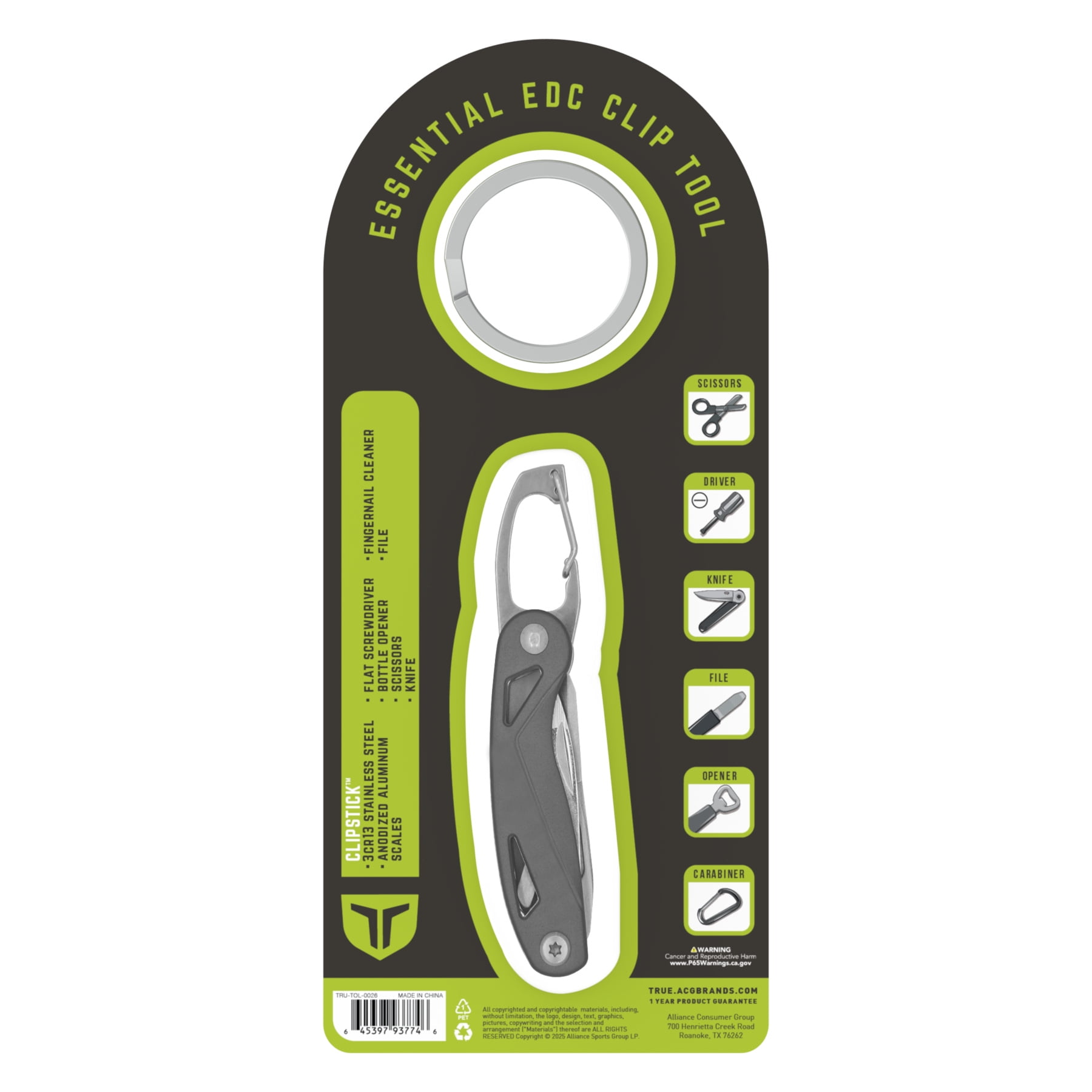 TRUE 6-in-1 Stainless Steel Keychain Multi-Tool with Carabiner Clip, Silver