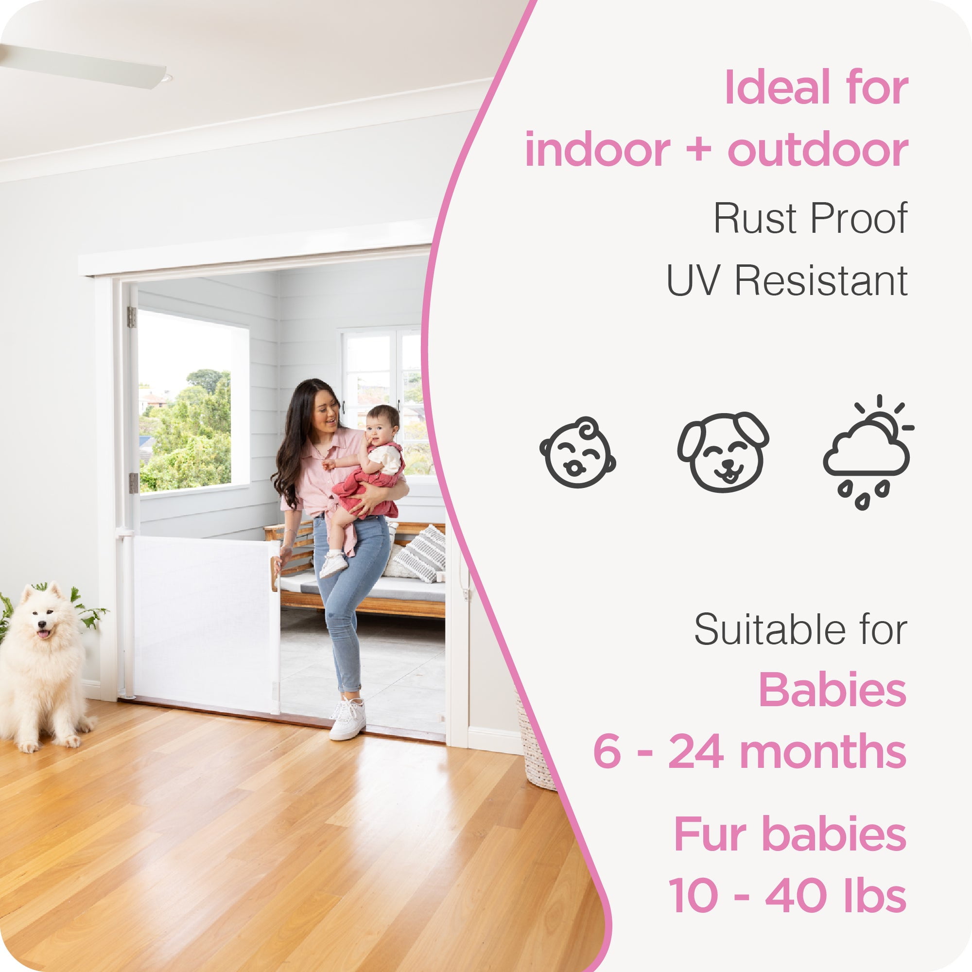 Perma Child Safety 71 in. Wide x 33 in. Tall White Retractable Baby Gate