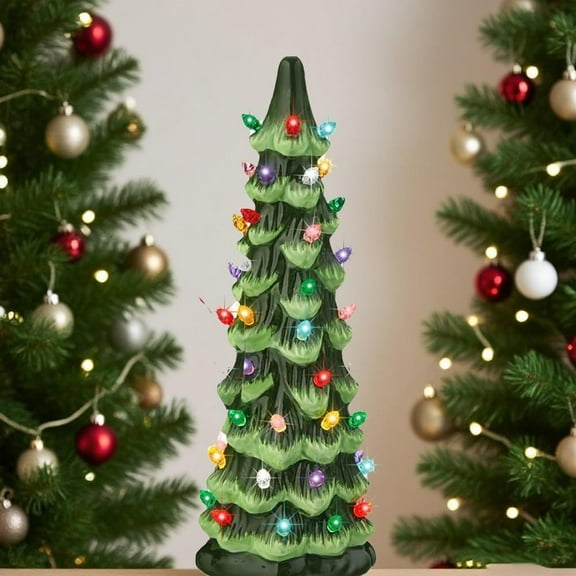 Minibee Retro Hand-Painted Tabletop Christmas Tree, Ceramic 8" Christmas Tree That Light Up, Table Top Christmass Tree with Lights