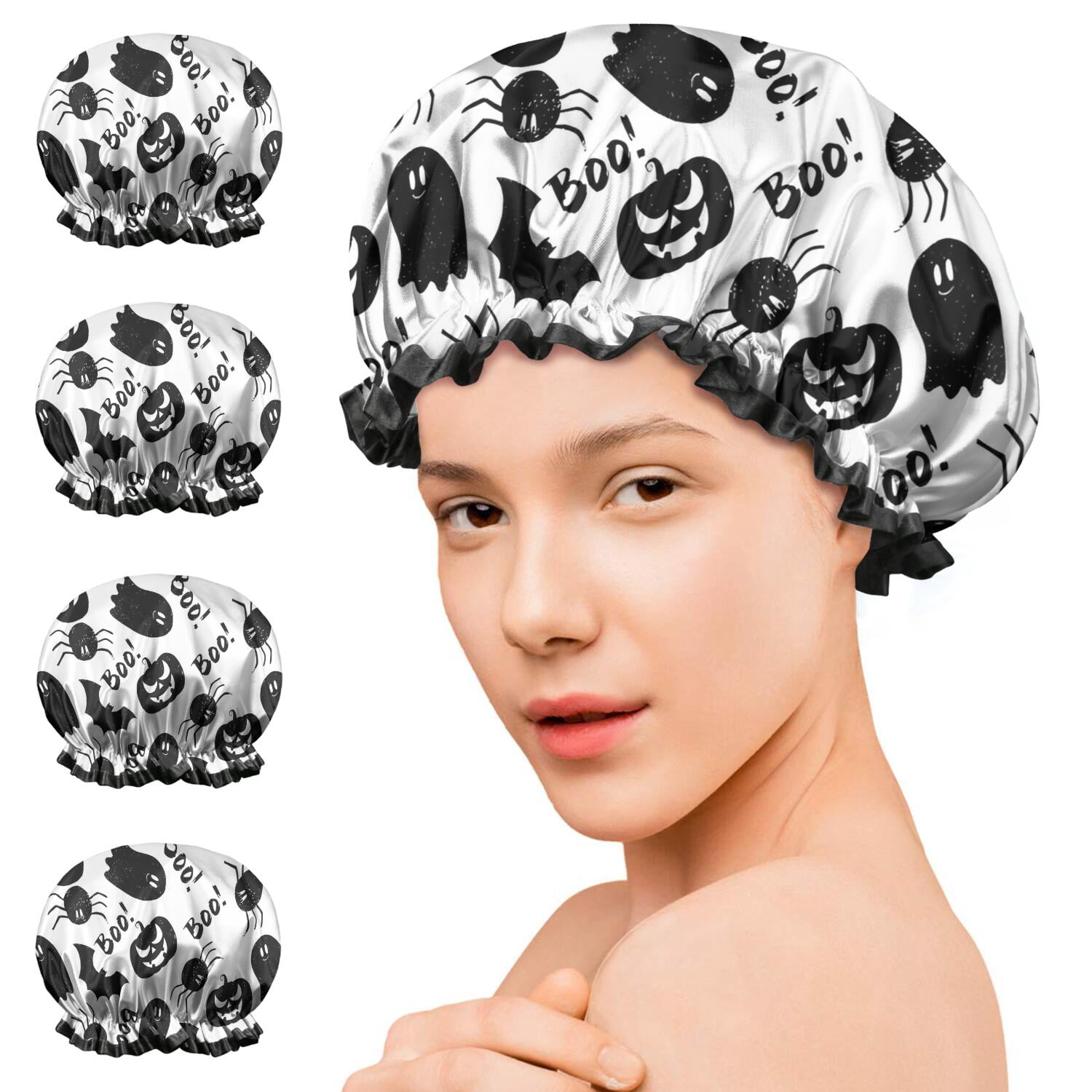 Shower Caps,Halloween Black Ghosts Bats and Pumpkins Waterproof Shower Cap for Women 4 Pieces,Double Reusable Hair Cover for Shower PEVA Elastic Stretch Hem