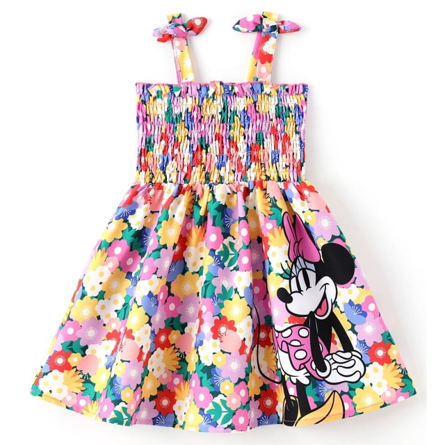 Disney Robes pour Filles Enfants Minnie Mouse Graphique Mignonne Fleur Nœud Robe à Bretelles Smockée Tailles 5-6a