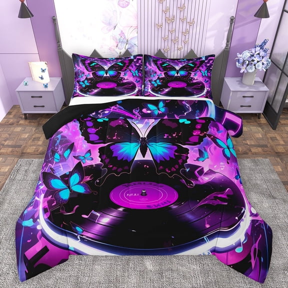 Castle Fairy Flying Butterflies Girl Bedding Comforter Set 2pcs,Musical Vinyl Record Twin Comforter Sets Microfiber,Abstract Gradient Breathable Bedding Set,Breathable Home Decor,Reversible